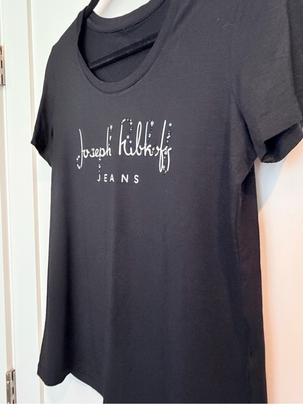 JOSEPH RIBKOFF JEANS Black Logo Tee Rhinestone Detail Size M Approx